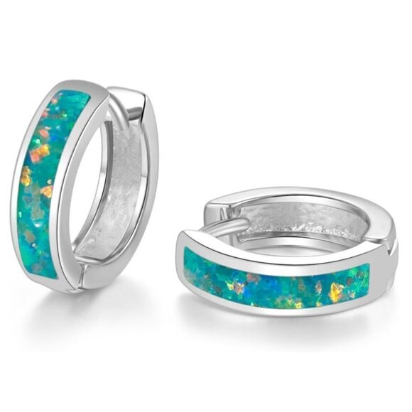 BijouStudios Earrings Jewelry - 14K White Gold with Genuine Green Fire Opal Huggie Hoop Snap Hinge Earrings